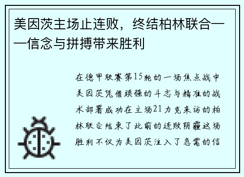 美因茨主场止连败，终结柏林联合——信念与拼搏带来胜利